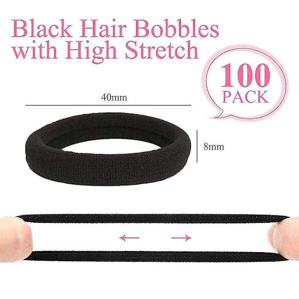 100 stk. Hår Elastikker Sort, Hår Elastikker Sort Blød Elastisk Hår Bobbles F