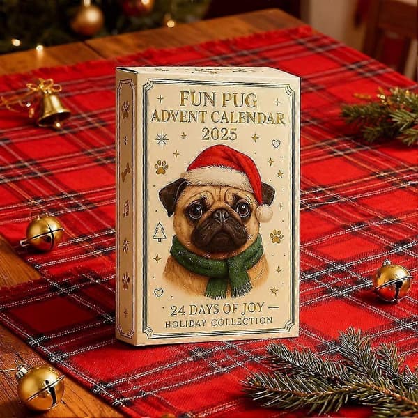 25-26 Sjov Mops Julekalender 2025, 24 Dages Jule Mops Hunde Julekalender