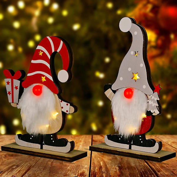 Träjultomte Ornament med LED-ljus Handgjord Svensk Tomte Nisse Skandinavisk Jultomte Elf Plysch för Dockor