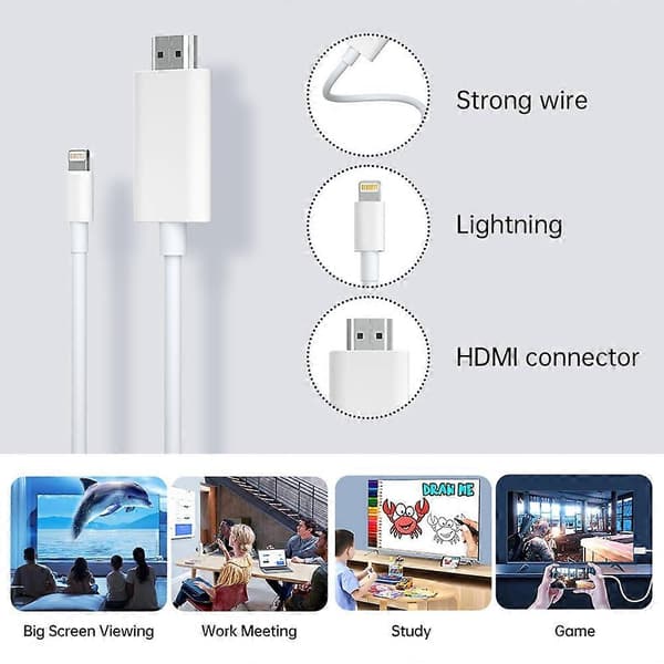 Lightning till HDMI-kabel för iPhone/iPad 1080P HD Skärmspeglingsadapter Stöder iOS 11.0+