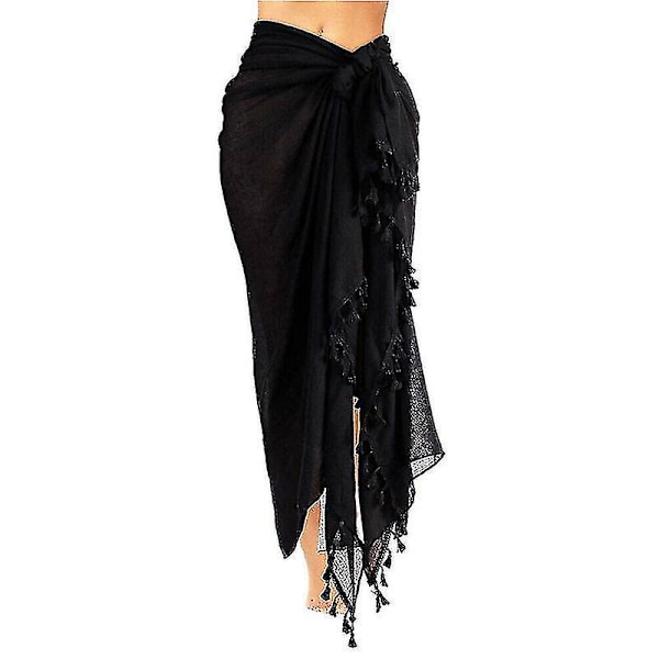 Kvindestrands Batik Lang Sarong Badetøj Cover Up Wrap Pareo Med Kvast Sort 1stk