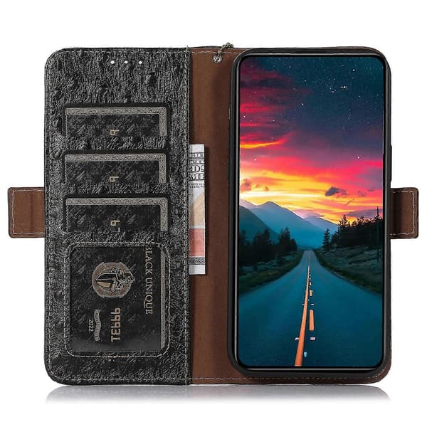Telefon Wallet Case til Nokia C32, Ægte Ko Læder Stand Telefon Cover Style B Nokia C32 Sort