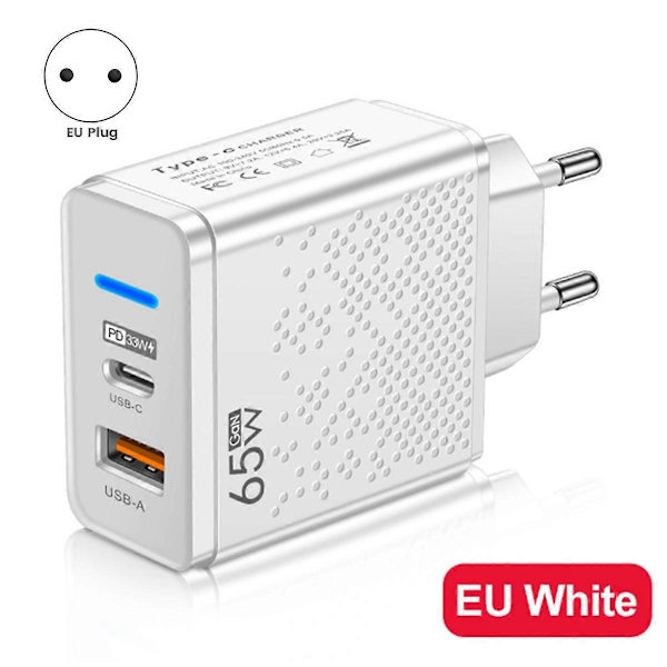 GaN 65W USB C-lader PD TypeC Hurtiglade Veggadapter (EU)
