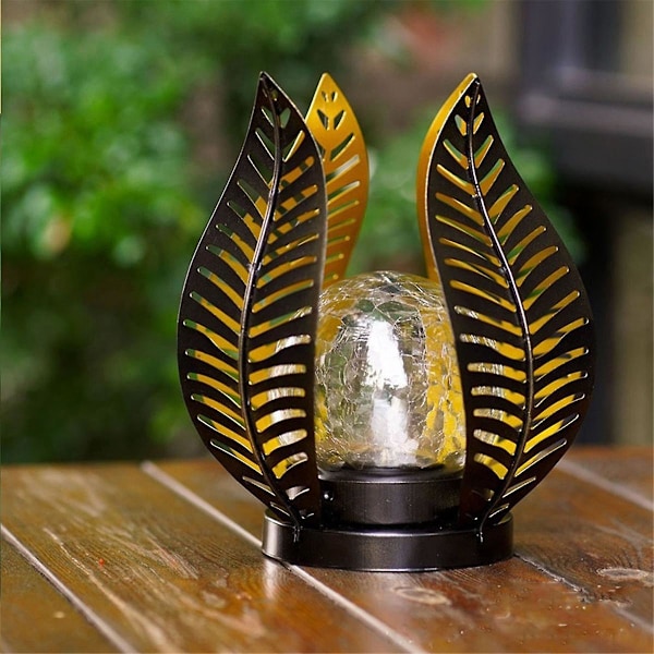 Hagebelysning Vanntette Dekorasjoner, Sprekkede Globe Glass, Metall Palm Leaf Solcellelys for Utendørs Dekor i Hagen