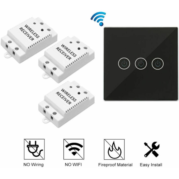 Trådlös fjärrkontrollbrytare, 1 sändare (trefasig kontrollpanel) + 3 mottagare (RFID-radiofrekvensidentifiering), svart