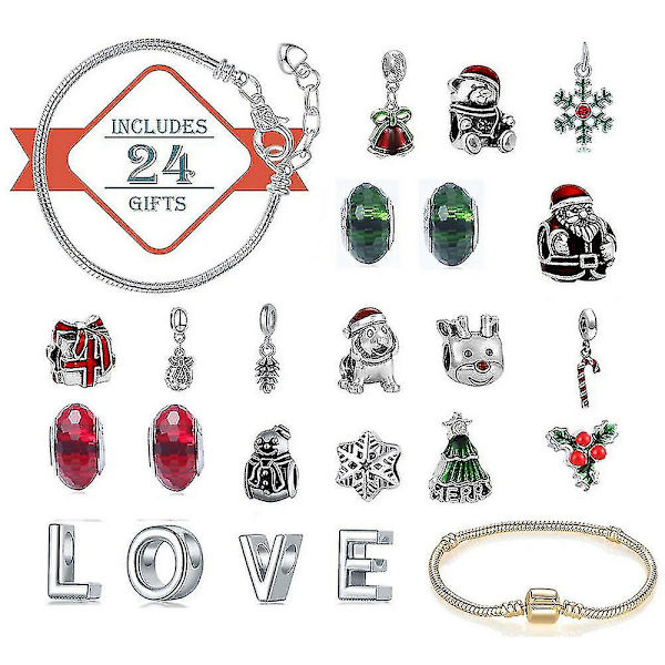 2024 Glædelig Jul 24 Dages Nedtællings Adventskalender DIY Armbånd Vedhæng Blind Box Julegave