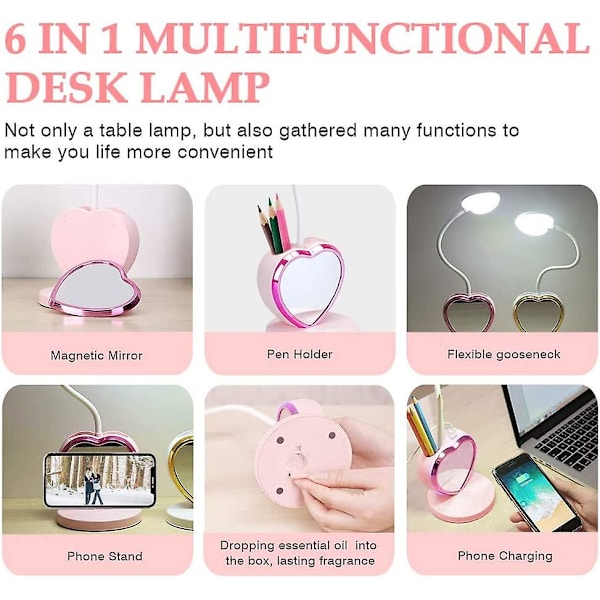 LED skrivebordslampe for barn, liten skrivebordslampe med USB-ladingspورت og pennholder og telefonstativ