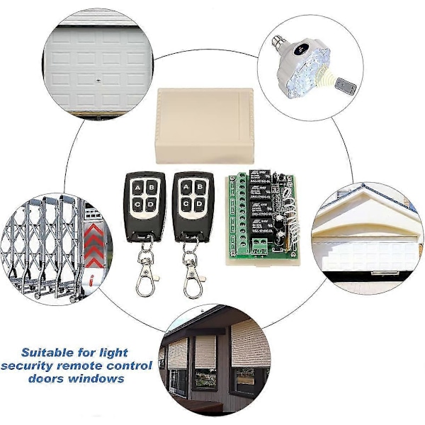 433 MHz langaton DC 12 V 4-kanavainen kauko-ohjain pitkän matkan RF-relekytkin 2 lähetintä + 1 vastaanotin autotallin oveen
