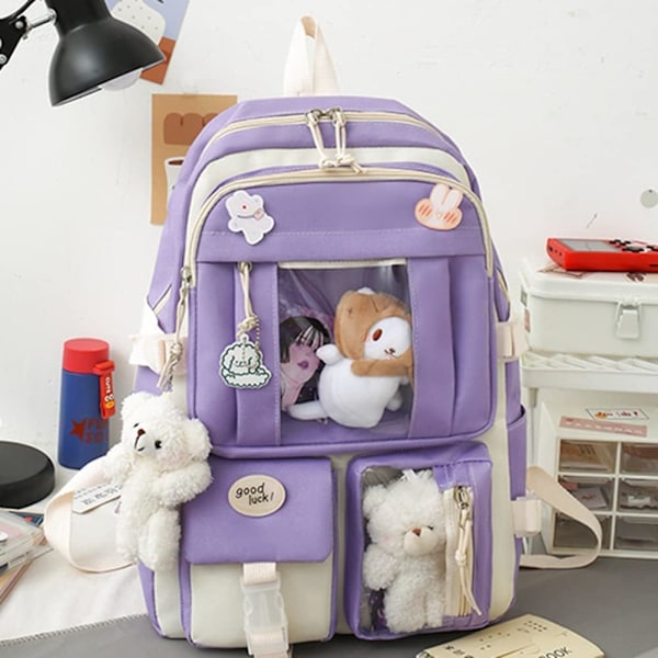 Canvas skolväska combo set, Kawaii tjej student skolväska lila purple