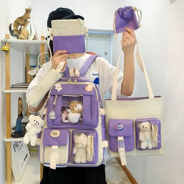Canvas Skoletaske Combo Set, Kawaii Pige Student Skoletaske Lilla purple