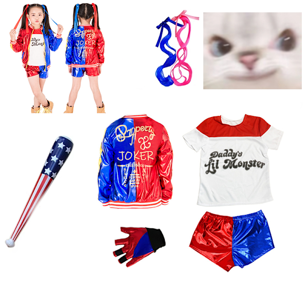 Jud- Harley-Quinn T Shirt Cosplay Costume Women Kids 6 in 1 Set L