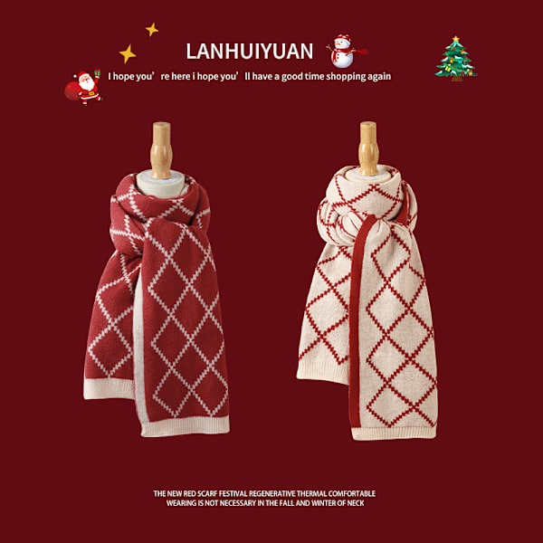 Mub- jul röd stickad halsduk kvinnor vinter mångsidig hals varm sjal julklapp Christmas Red - [Double-Sided]