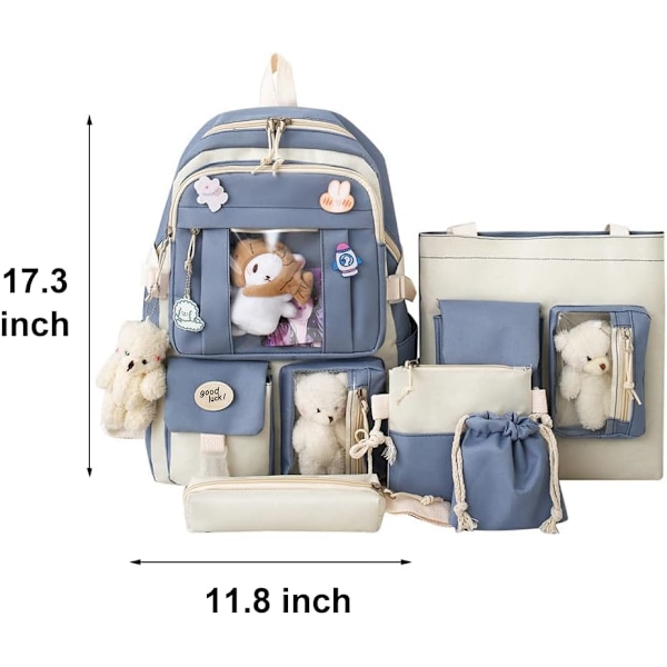 Canvas skolväska combo set, Kawaii tjej student skolväska blå blue