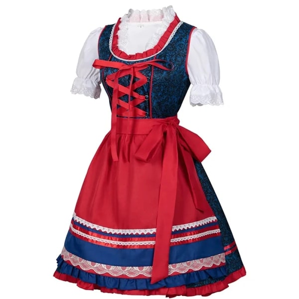 Mub- Kvinde Tysk Øl Dirndl Kjole Forrude Sæt Kostumer Bayersk Oktoberfest Babe Bar Pige Karneval Rød Ternet Kjole Blå Blue 2 XL