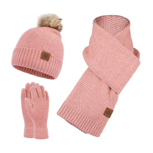 Mub- Wholesale autumn winter thick warm knitted hats fashion new men women Winter Three piece scarf gloves three sets Pink