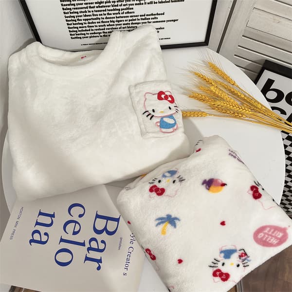 Mub- Flanel pyjamas til kvinder sød efterår vinter loungewear White KT kat White KT cat M