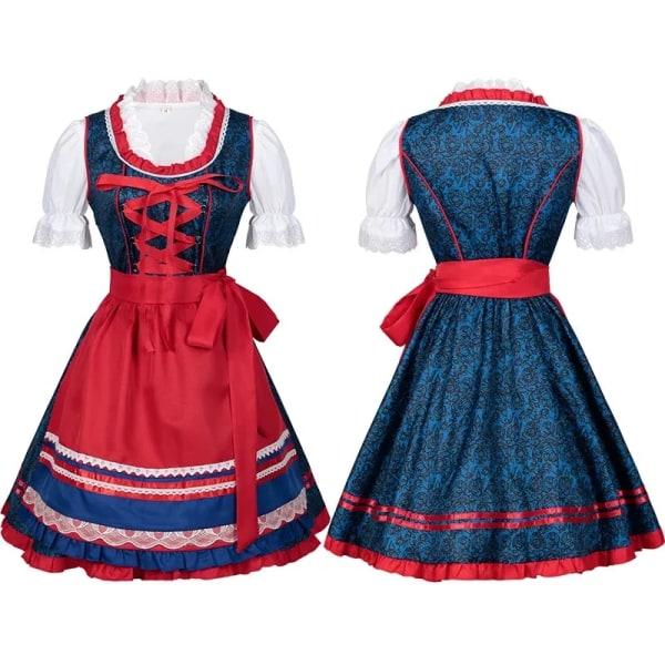 Mub- Kvinde Tysk Øl Dirndl Kjole Forrude Sæt Kostumer Bayersk Oktoberfest Babe Bar Pige Karneval Rød Ternet Kjole Blå Blue 2 XL