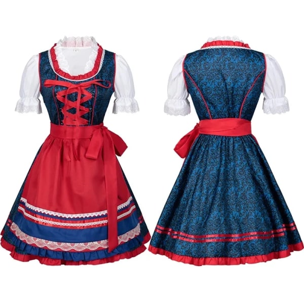 Mub- Kvinners tyske øl Dirndl kjole forkle et kostymer bayersk Oktoberfest Babe Bar Maid karneval rød rutete kjole blå Blue S