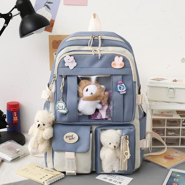 Canvas skoleveske combo sett, Kawaii jente student skoleveske blå blue