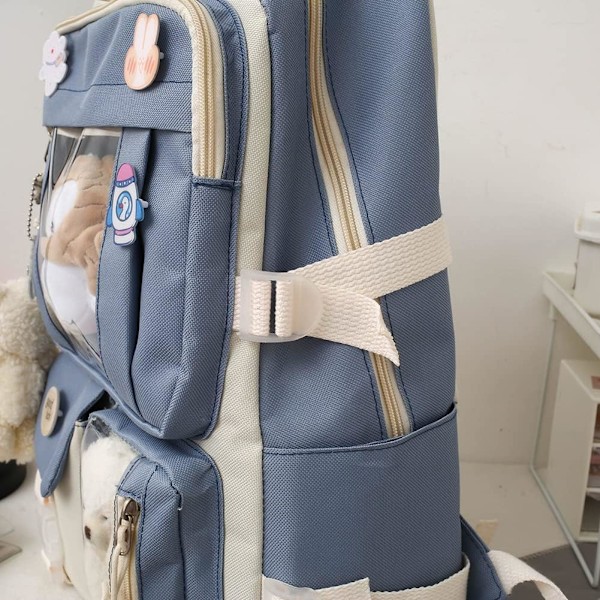 Canvas skoleveske combo sett, Kawaii jente student skoleveske blå blue