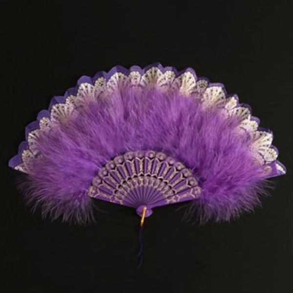 Ladies Feather Folding Fan Hand Fan Folding med hängsmycke Gift Bröllop Purple