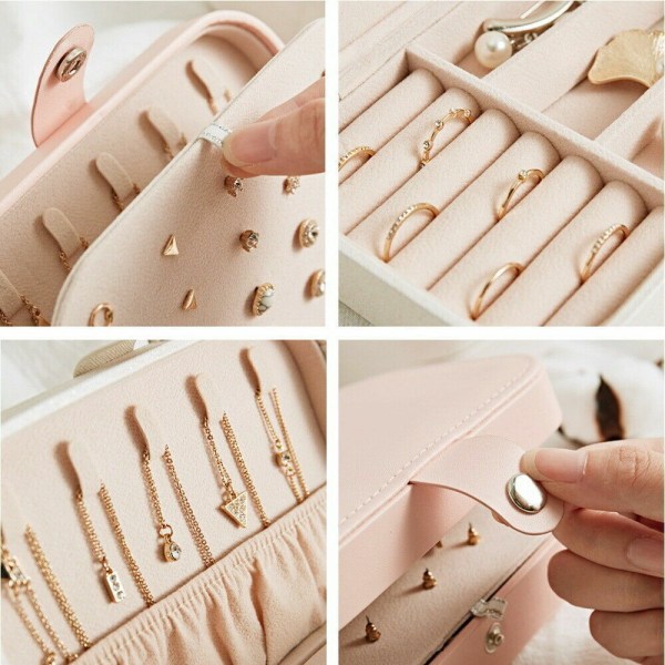Bärbar smyckeskrin Organizer Läder Smycken Ornament Case Reseförvaring Pink