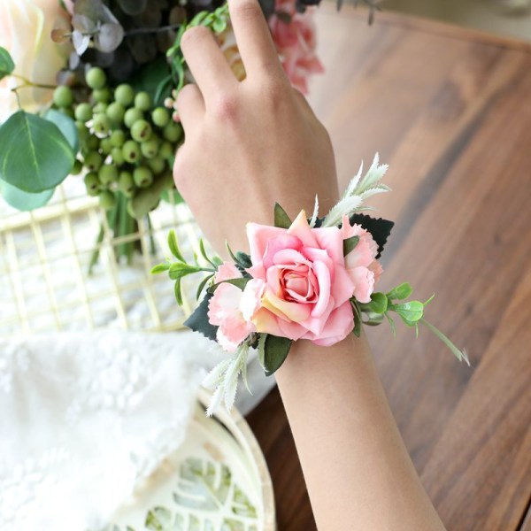 Handled Corsage Armband Brudtärna Systrar Hand Blomma Bröllop Bröllopsfest Decor Pink Wrist Flower