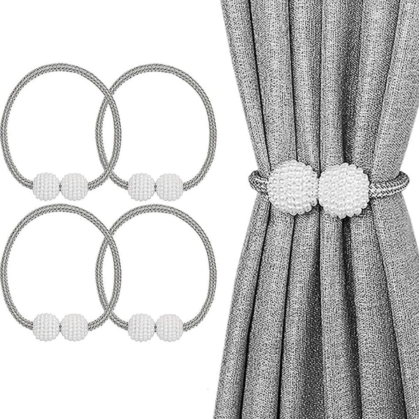 Set med 4 magnetiska gardinbindningar för gardiner och magnetiska hållbackar (grå) vit