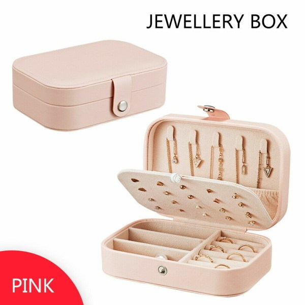 Bärbar smyckeskrin Organizer Läder Smycken Ornament Case Reseförvaring Pink