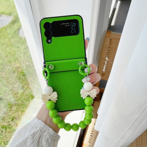 För Samsung Galaxy Z Flip 3 4 Case Stötsäkert PU- cover med rosettarmband Green For Samsung ZFflip4-5G