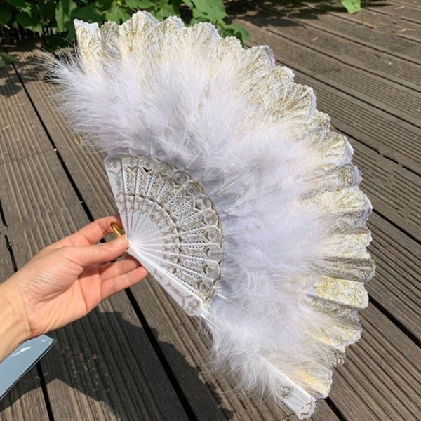 Ladies Feather Folding Fan Hand Fan Folding med hängsmycke Gift Bröllop White