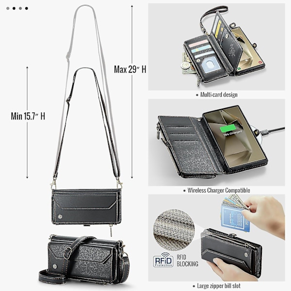 Crossbody plånboksfodral för Samsung Galaxy S24 Ultra, magnetiskt Black