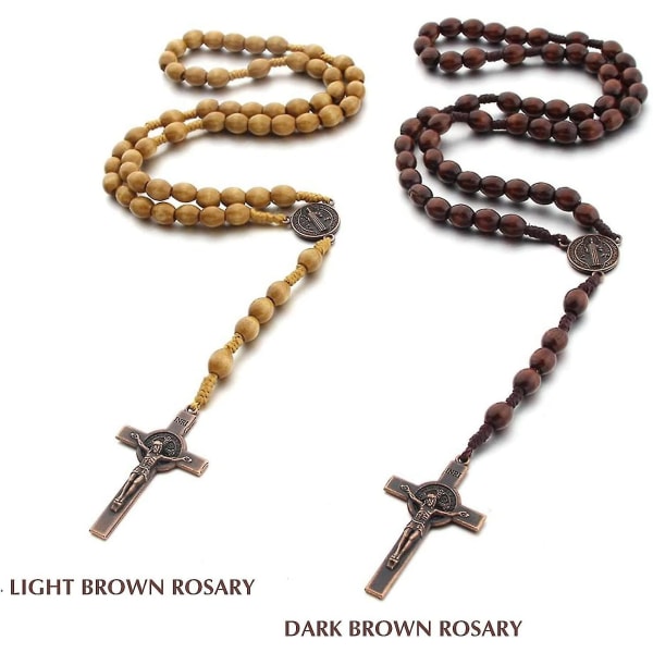 Naturligt trä bönpärlor med medaljkors (mörkbrunt) katolskt kors rosenkranshalsband brun