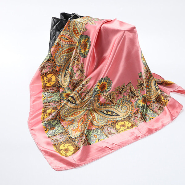90 cm mode dam fyrkantig halsduk sjal satin siden huvud hals blommiga omslag bandana Pink