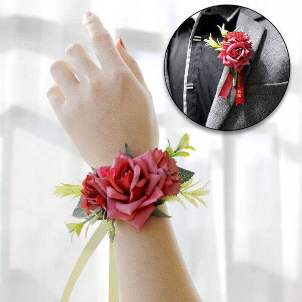 Handled Corsage Armband Brudtärna Systrar Hand Blomma Bröllop Bröllopsfest Decor Red Wrist Flower