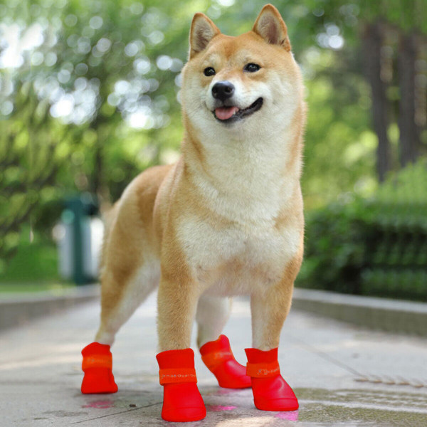 4x Vattentäta Anti-Slip Pet Boots Hund Regn Skor Skydds Regn Stövlar Strumpor Red M