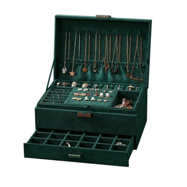 3-lagers smyckeskrin Läderfinish Organizer Lådskåp Halsband Förvaring grön