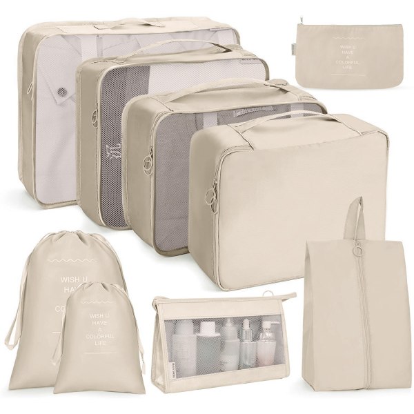 Packningskuber Resväska Förvaringsväska Kompressionsväska Organiser 9PCS/Set Beige