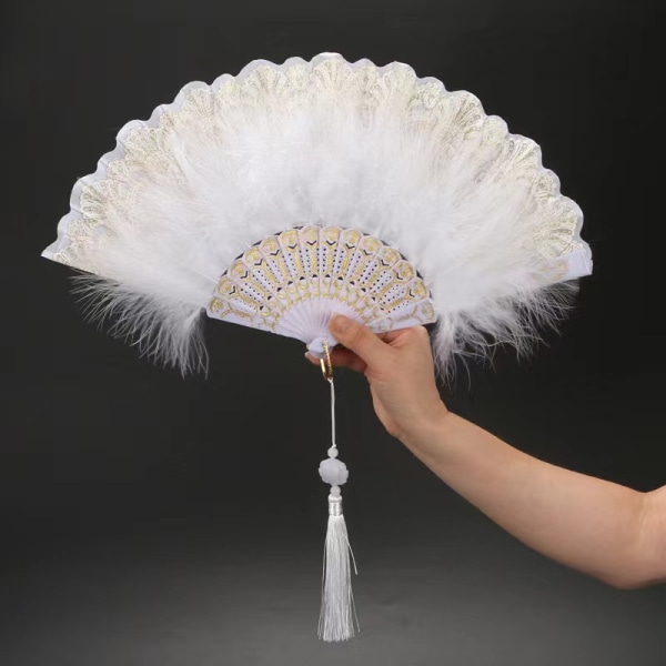 Ladies Feather Folding Fan Hand Fan Folding med hängsmycke Gift Bröllop White