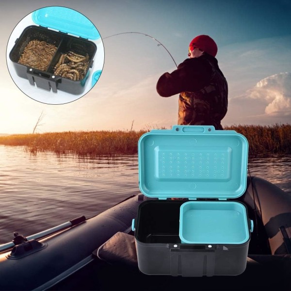 Fiskebeteslåda Bärbar masklåda case Fiskemaggotbehållare med mellanlager och pincett blå