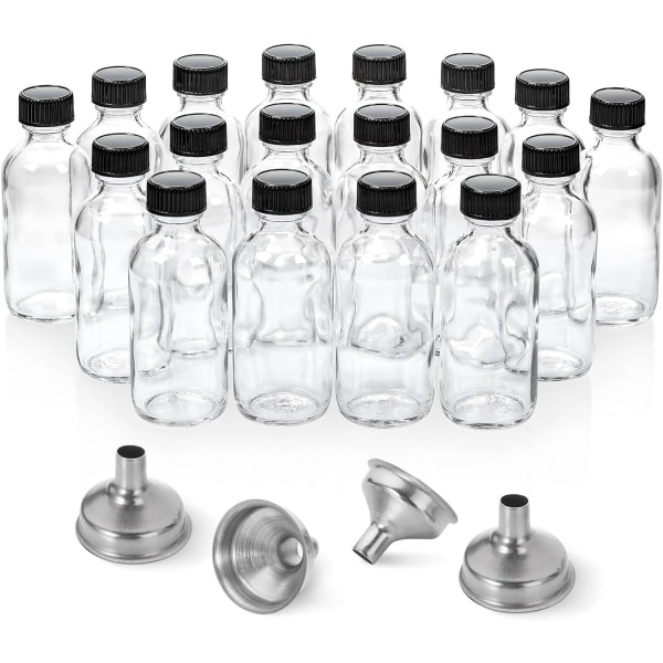 12-pack 2 oz små genomskinliga glasflaskor med lock och 3 rostfria S 18