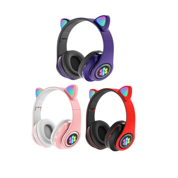Trådlösa kattöronhörlurar Bluetooth-headset LED-lampor Hörlurar för barn Present White