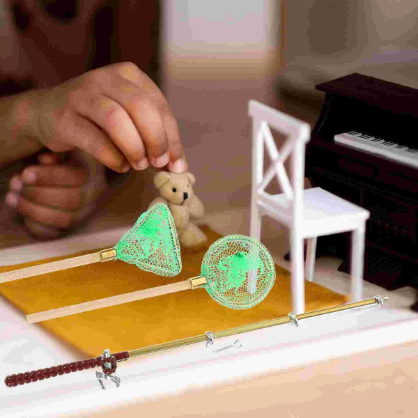 Mini fiskespö leksaksdekor för barn träleksaker Nät miniatyrscen Green
