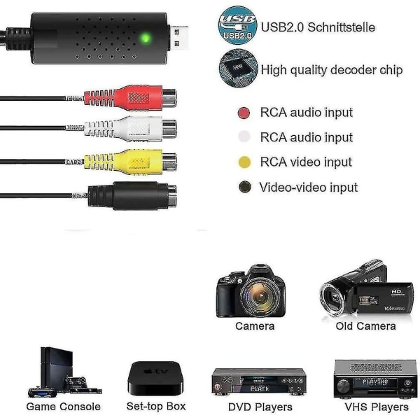 Redigerar video från vilken analog källa som helst, inklusive Vhs Dvd Vcr Crjjkoy Cctv-kabel och adapter USB Audio Video Converter Vhs to Digital Converter svart