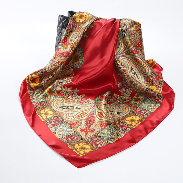 90 cm mode dam fyrkantig halsduk sjal satin siden huvud hals blommiga omslag bandana Red