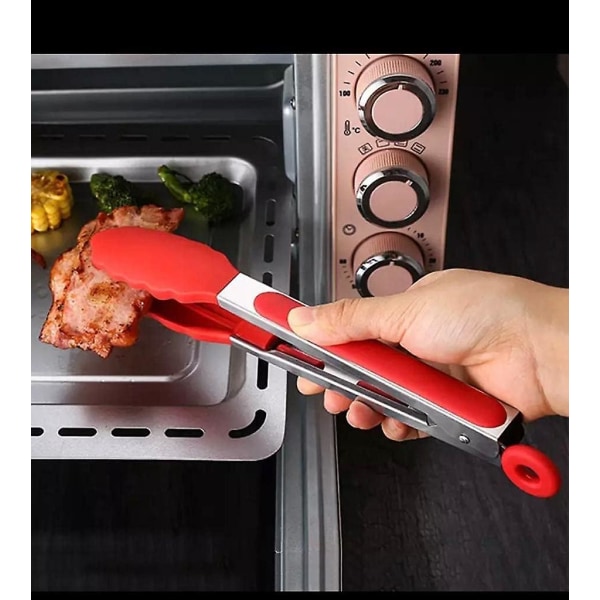 Cuisine Kökstång Silikontång Värmebeständigt handtag med lätt grepp Halkfri Smart Locking Köktång i rostfritt stål (röd) 7 tum röd