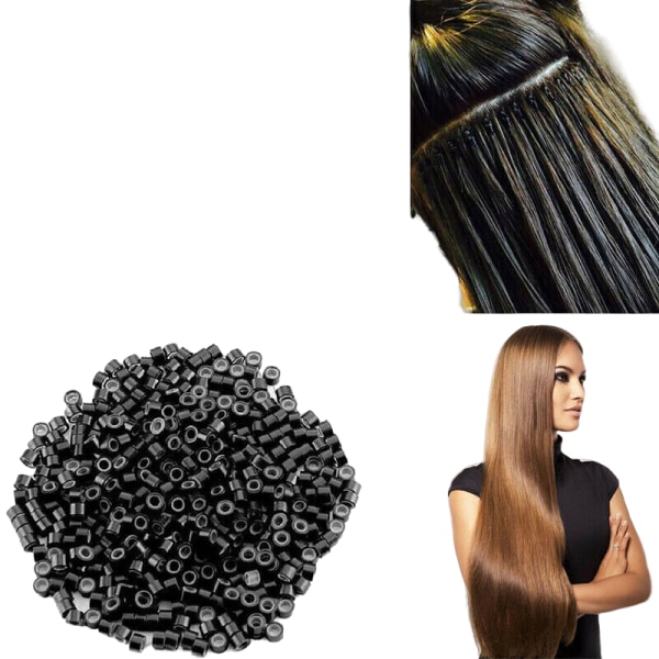 500 st hårförlängningsverktyg silikonfodrade mikropärlor nanoringar hårslingor svart