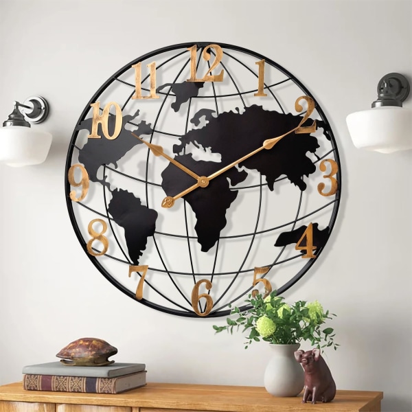 Stor världskarta väggklocka metall minimalistisk modern klocka rund S Color1 24 inch