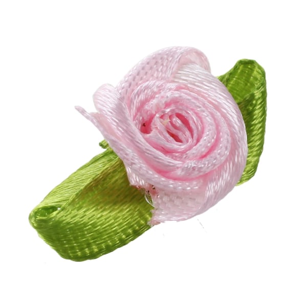 100 st Mini Satin Band Rose Blomma Löv Bröllopsdekor Applikationer Sy Diy Huvudfärg: rosa rosa