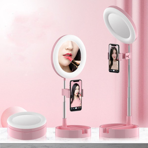 LED Folding Ring Light Dimbar belysning Telefon Selfie Makeup Live med spegel rosa